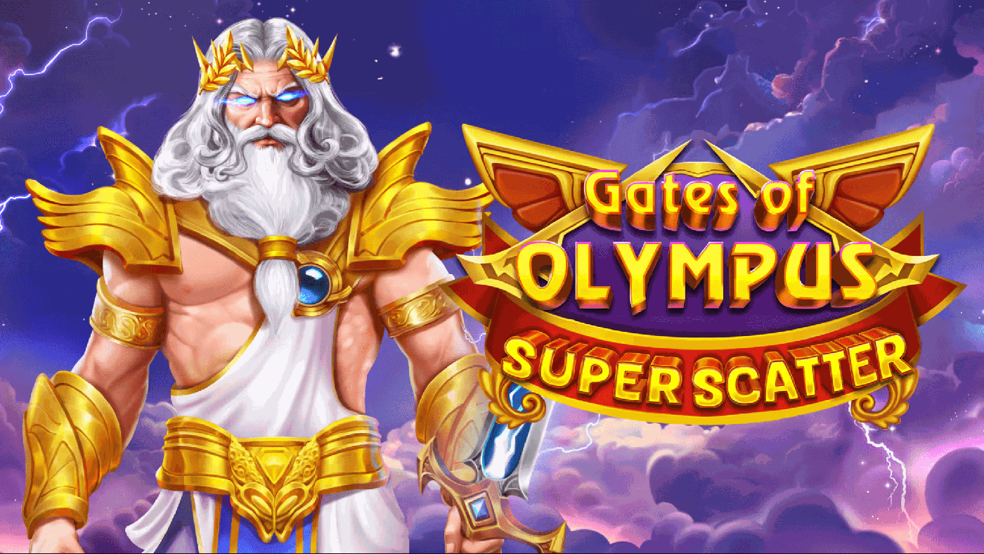 Zeus mit goldener Rüstung und Blitz über dem 6x5-Raster von Gates of Olympus Super Scatter, umgeben von Edelstein-Symbolen und dem Scatter-Zeichen